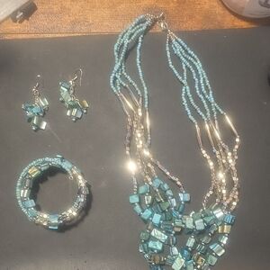 Elegant Turquoise Beaded Necklace, Bracelet , Earrings with Intricate Detailing